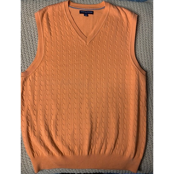 Mens XL Tommy Hilfiger Orange Cable Knit Golf Sweater Vest Pullover  Vintage Y2k - Picture 1 of 6